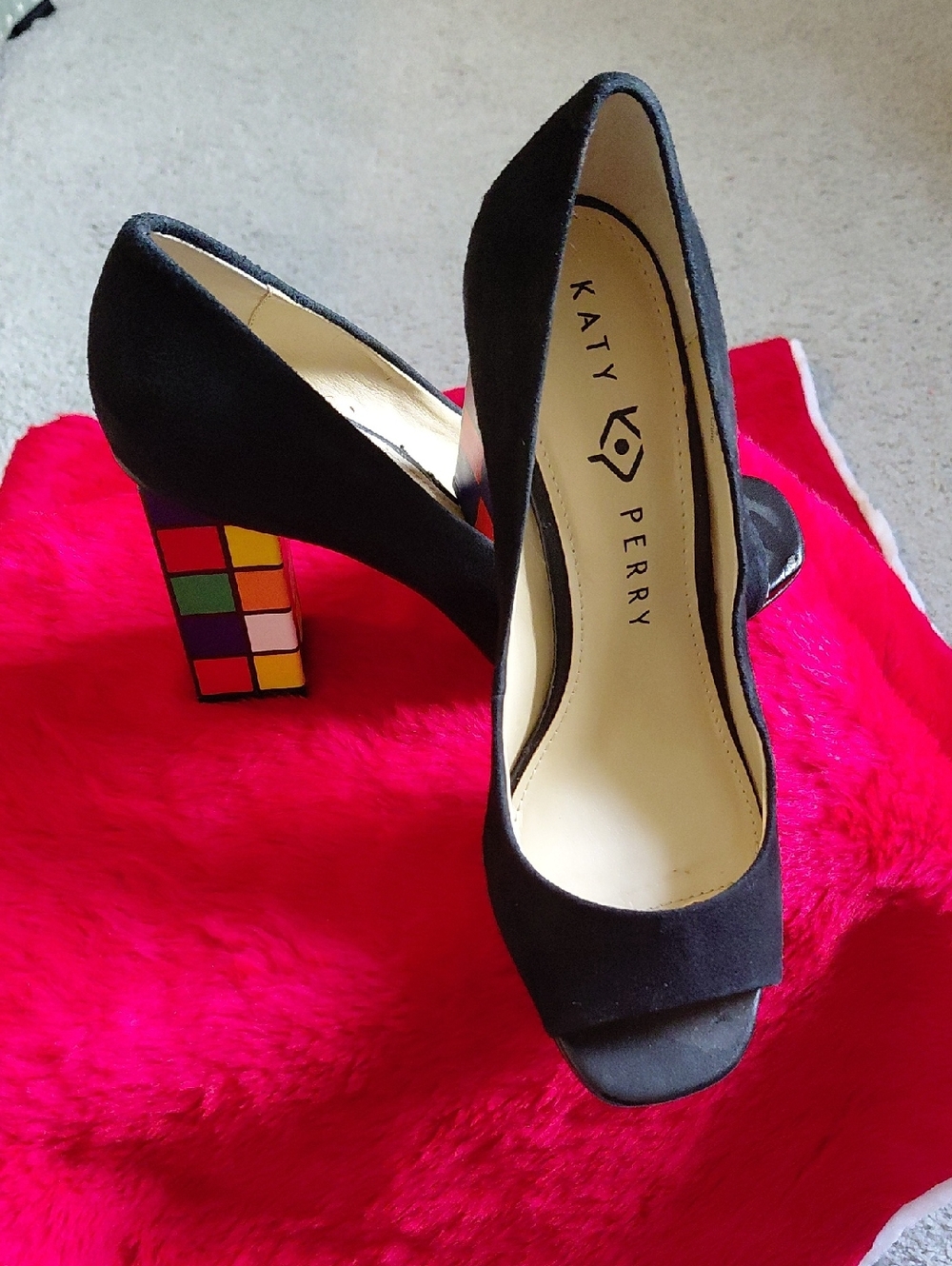 Katy Perry Collections Black Suede Open-Toe Pumps with Multicolor Block Heel